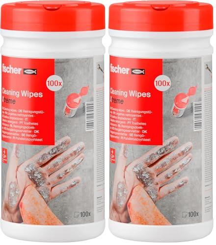 fischer 567456 - Xtreme Toallitas de limpieza industrial multisuperficie, aptas para limpiar manos con grasa, adhesivo, pegamento, lubricantes, aceites, 100 unidades (Paquete de 2)