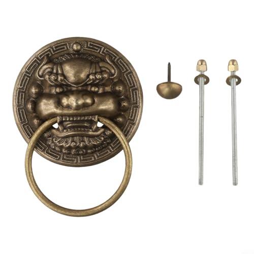 Aldaba de puerta de latón vintage con cabeza de león, acabado antiguo, 100 mm, para puerta de patio, estilo tradicional chino, decoración del hogar