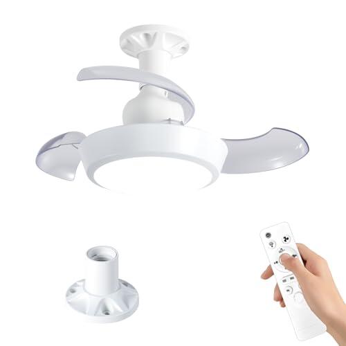 Ventilador de techo con luz LED y mando a distancia E27, Aspas retráctiles, 3 velocidades, 3 temperaturas de color, función temporizador de 1H/2H/4H, ventiladores de techo regulables silenciosos