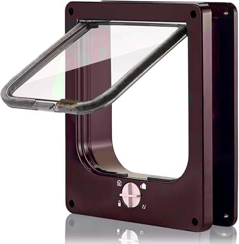 MiniGlypture Solapa para gatos, puerta para mascotas con cerradura giratoria de 4 vías para perros y gatos pequeños (marrón, L)