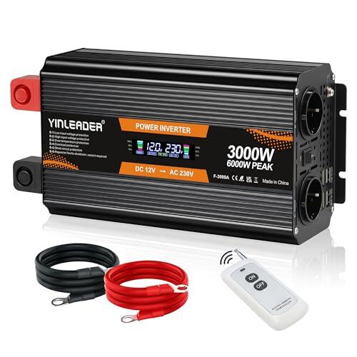 Yinleader 3000W/6000W Inversor 12V a 230V Convertidor de Tensión con Pantalla LCD, 2 Enchufes UE, 4 Puertos USB y Mando a Distancia Inalámbrico para Coche, Camping, Autocaravana