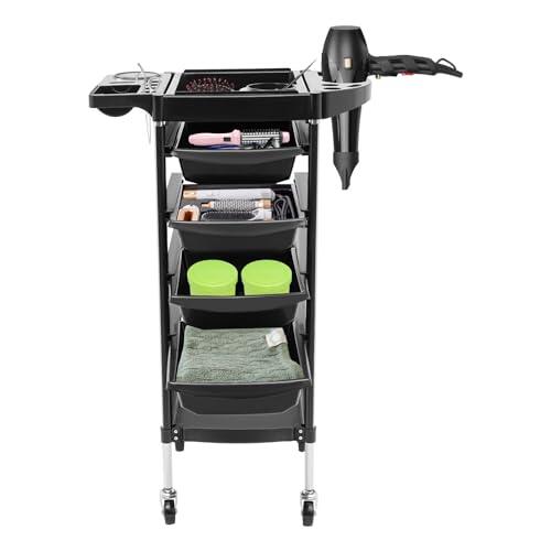 Carrito de peluquería, 6 pisos, carrito de peluquería de belleza, carrito de operación, peluquería con 4 cajones, carrito multifuncional para spa de peluquería, 37 x 34 x 88 cm, negro