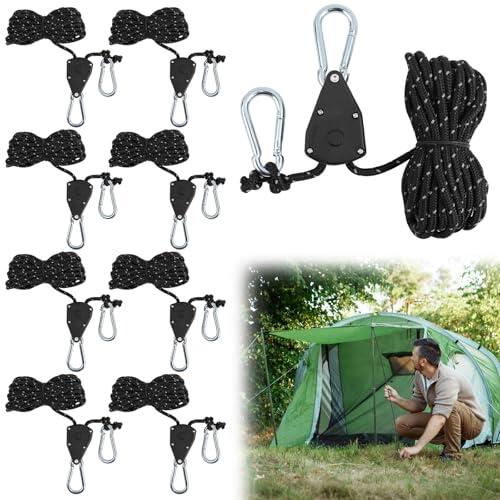 8 Piezas Cuerdas Reflectantes de Tienda, 4M Trinquete de Cuerda con Gancho, Cuerdas Tienda de Campaña con Tensor, Ajustable Cuerdas para Acampar al Aire Libre, Toldo