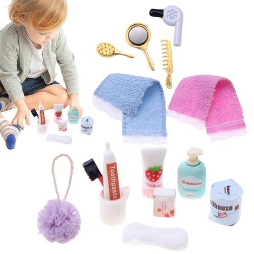 Suministros de Baño a escala 1/12 - Artículos de Baño Pequeños, Espejo de Maquillaje, Cepillo, Artículo de Cuidado , Juego para | Accesorios de Diorama detallados de metal