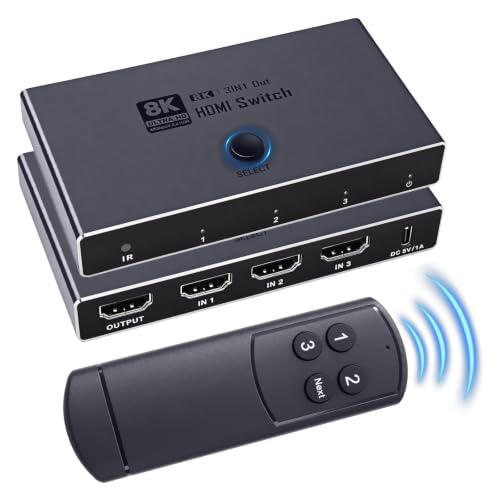 Conmutador HDMI 3 en 1 de salida, 8 K, aluminio, distribuidor con mando a distancia por infrarrojos, compatible con Dolby Vision 8 K @ 60 Hz 3D HDCP 2.3 Plug & Play para PC, portátil, TV, proyector