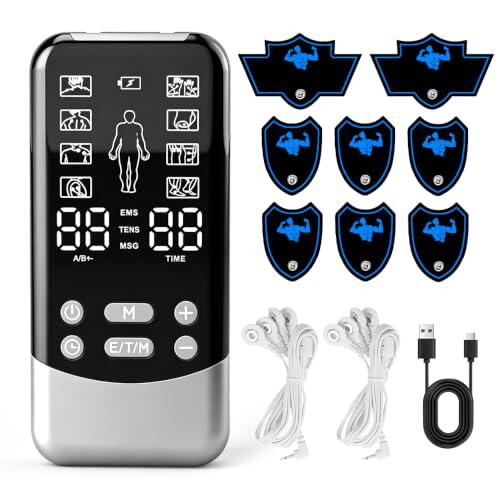 3 en 1 Electroestimulador Muscular, SGZIOO TENS/EMS/MSG Maquina Corrientes Rehabilitacion Fisioterapia, 2 Canales Tens Fisioterapia, Ems Electroestimulador Muscular para 8 Electrodos y 30 Niveles