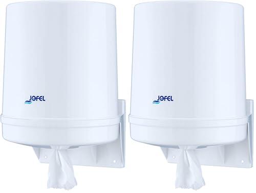 Jofel - Dispensador de Papel en Bobina hasta 205mm Mecha en Continuo, Bobina Especial para Dispensar por el Centro de la Base, Maxima Higiene, Carcasa de ABS, Clásica AG20020, Blanco (Paquete de 2)