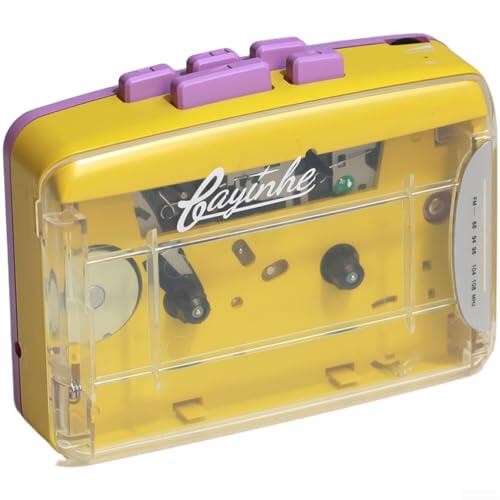 Reproductor de casete portátil con radio FM y grabación, USB o batería, transparente retro para Walkman Style Tape Deck con auriculares estéreo, (morado)