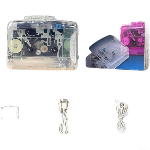 Reproductor de casete portátil con radio FM y grabación, USB o batería, transparente retro para Walkman Style Tape Deck con auriculares estéreo, (blanco)