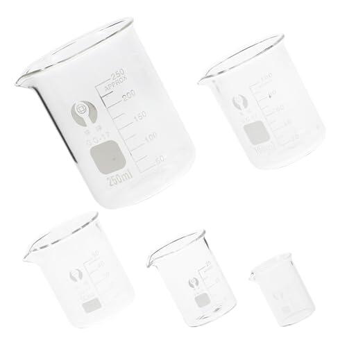 Beaupretty 5 Piezas Juego de Vasos Medidores de Vidrio Resistentes al Calor Graduación Estándar, Capacidad de 10ml a 250ml, Ideales para Pruebas Científicas en Laboratorio