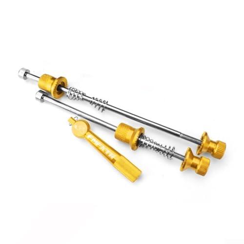 Palanca de eje de liberación rápida para bicicleta de montaña y carretera, ejes de rueda delantera y trasera con bloqueo antirrobo hechos de aleación de aluminio y acero (dorado)