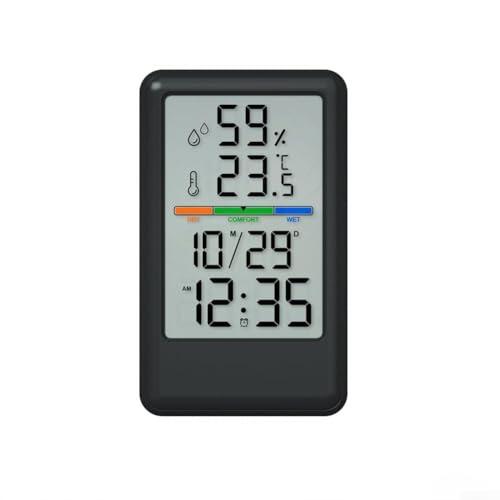 Termómetro digital higrómetro para interiores con fecha de reloj incorporada y alarma para dormitorio, escritorio o montaje en pared (negro)