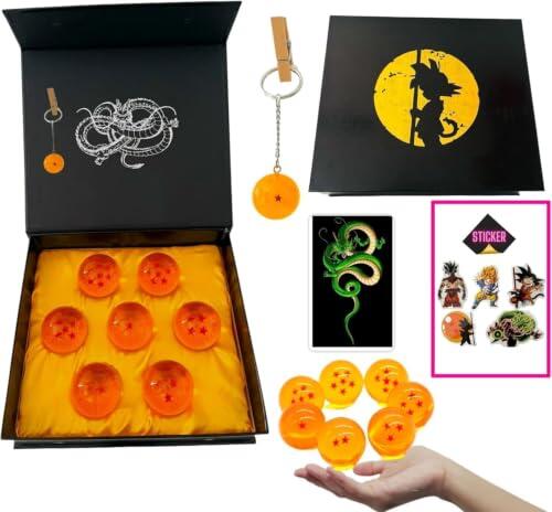 NEXPLORA Set de 7 Bolas de Dragón (1 a 7 Estrellas) Llavero, Pegatinas y Tarjeta de Invocación. Ideal para Coleccionistas o como Regalo para Niños. Set Bola de Dragón con esferas de 4,3 cm