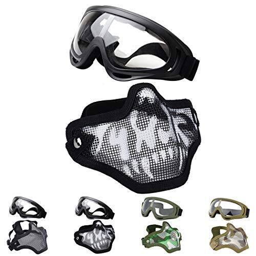 Paintball - Juego de gafas y protector de malla de acero de media cara, blanco y negro, protector facial de acero de bajo carbono, gafas ABS, 2 correas elásticas, para equipos al aire libre
