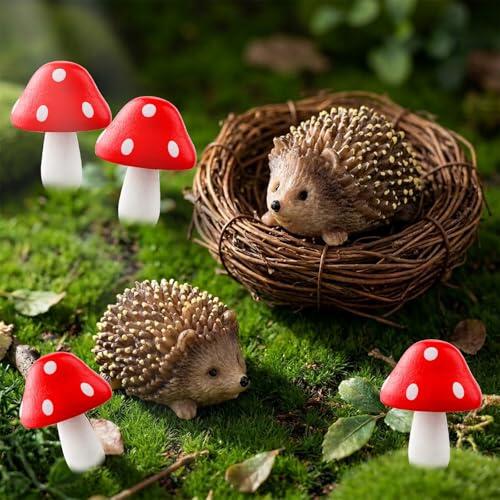 DIELOVEHUA 6 Piezas Mini Decoración de Resina, Lindo Mini Decoración de Resina, Miniatura Figurines Erizos y Hongos, para DIY Decoracion de Jardín Paisajes en Miniatura