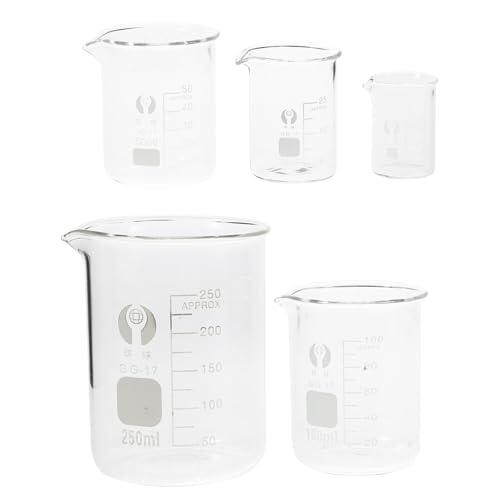MALUGOGO 5 Piezas Juego de Vasos de Vidrio Graduados Capacidad de 10 Ml a 250 Ml, Resistente al Calor Graduación Estándar para Laboratorio y Uso Doméstico