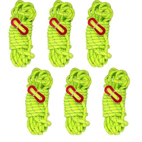 Cuerda reflectante de 6 mm, paquete de 6 unidades, 4 metros, color verde fluorescente con tensor de aluminio, ajustable