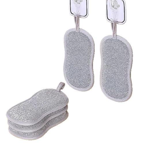 Esponja de vajilla de doble cara con esponja reutilizable, lavable de microfibra para cocina y baño, esponjas, lavables y reutilizables, limpieza eficaz sin arañazos, gris