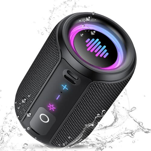 Altavoz Bluetooth Potente 5.4, 15W Pequeño Portatil Altavoz Bluetooth, 360° Sonido Estéreo TWS, Luces LED de Colores Inteligentes, 12H de Reproducción, Impermeable IPX7, para Exterior//FiestasViajes