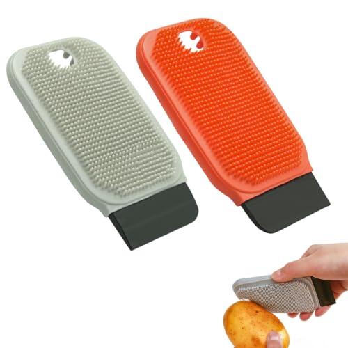 Estropajos de Silicona para Platos (2 Unidades), Tres en uno, en Gris y Rojo. Reutilizables, de Secado rápido y con Orificio para Colgar. Ideales para Limpiar Platos, Frutas y Verduras.