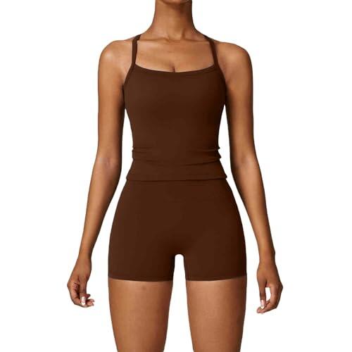Conjunto de yoga de 2 piezas para entrenamiento, camiseta sin mangas con pantalones cortos para verano, ropa deportiva y fitness (Brown, L)
