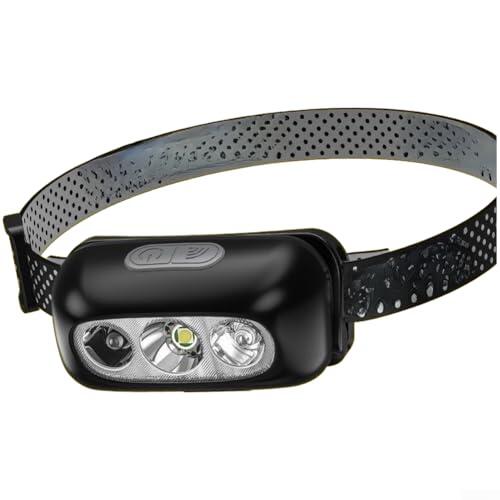 Linterna frontal LED recargable, rango brillante de 200 m, control de sensor de movimiento, 3 modos de luz, tiempo de funcionamiento de 5 horas, ligero de 45 g para camping, senderismo, pesca, correr