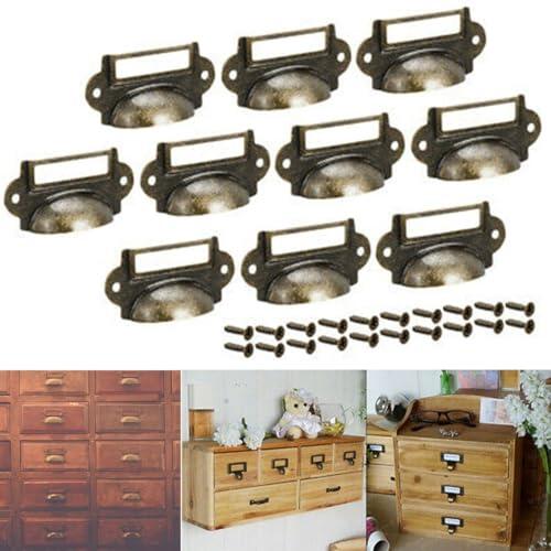 Paquete de 10 soportes de latón antiguo retro para cajón, marco de tarjeta de nombre de archivo de metal para gabinete, armario, joyero con tornillos