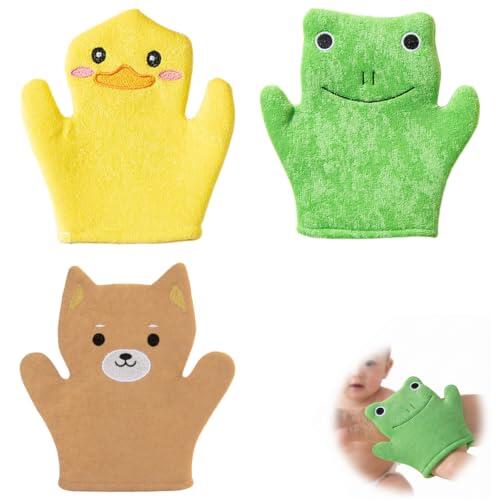 Guantes de Baño de Microfibra 3 Piezas, Toallitas Suaves y Absorbentes para Bebés y Niños, Diseño de Animales (Pato, Rana, Oso), Manoplas Exfoliantes para Ducha e Higiene Infantil