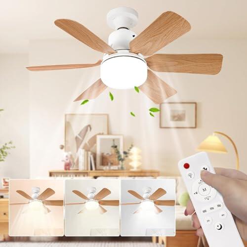 VHV - Ventilador de techo con luz, 51 cm, ventilador de techo, 3 velocidades, ajuste continuo brillo y temperatura de color, para habitaciones, balcones, pasillos y salo (grano de madera)
