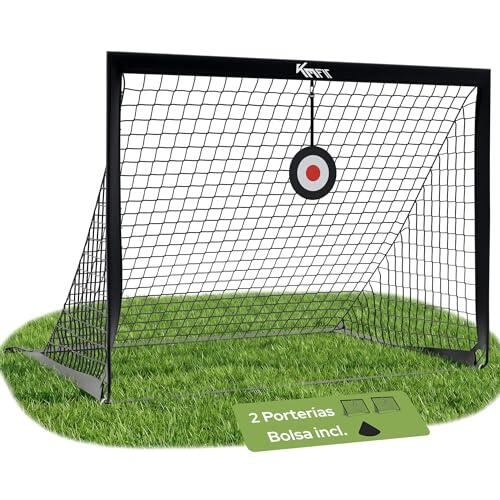 KM-Fit Set de 2 Porterías de Fútbol 120 x 90 cm con Objetivos Ajustables | Portería Infantil para Jardín | Incluye Anclajes y Bolsa de Transporte | Portería de Entrenamiento Exterior