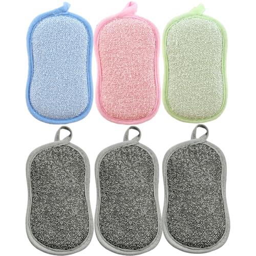 Esponja lavable para cocina, 6 unidades, esponja de microfibra, esponja de doble cara para vajilla, ollas, sartenes, rosa, azul, verde, gris claro, esponjas de cocina, limpieza del hogar