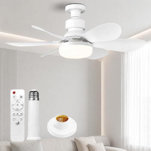 Ventilador de techo con luz y mando a distancia, E27 Ventilador LED regulable 40 W, 3 velocidades, 6 aspas, silencioso, con base y varilla de extensión, temporizador, para dormitorio salón oficina