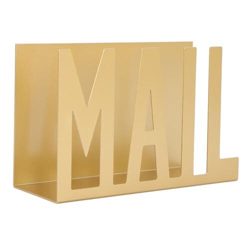 Metal Mail Organizer for Desk | Holds 60 Envelopes | Desktop Mail Holder for Bills/Letters/Papers | Sturdy Iron Rack with MAIL Cutout | 15 x 5.5 x 9.5 cm (Oro)