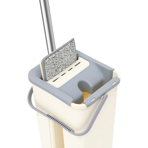 Juego de fregona plana con cubo de limpieza, fregona con función de escurridor, mango telescópico de acero inoxidable y paños de microfibra lavables, para el hogar, cocina, baño (cubo de 8 L, 10