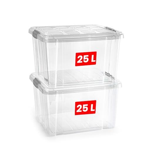 PlasticForte – Pack de Cajas de Almacenamiento de 25 y 16 L con Tapa - Plástico Resistente, Apilables y Transparentes - Organizador (Plata, Pack 2, 25, Litros)