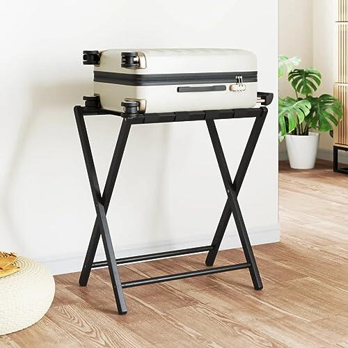 QUAHEAS Bandeja para equipaje de bambú, color negro, 68,5 x 38 x 58 cm, plegable, plegable, con estructura de madera estable, para hotel, habitación de invitados, apartamento, ahorra espacio para