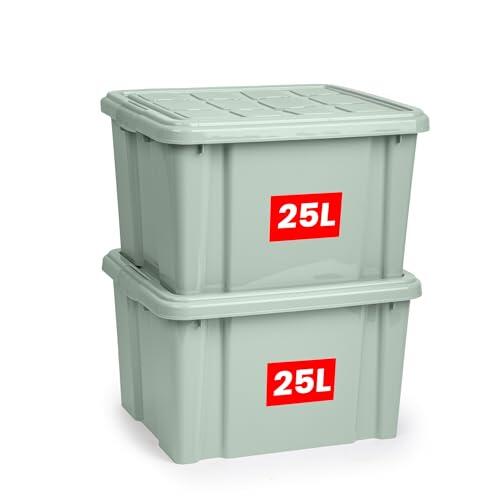 PlasticForte – Pack de Cajas de Almacenamiento de 25 y 16 L con Tapa - Plástico Resistente, Apilables y Transparentes - Organizador (Verde, Pack 2, 25, Litros)