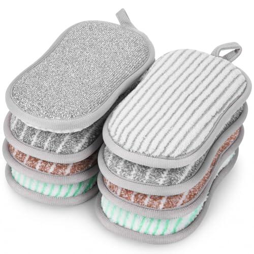 Euqvunn Set de 8 Estropajo Cocina Platos Doble Lado, Esponja de Cocina Antirayaduras, Almohadillas de Fregado de Larga Duración, Productos de Limpieza para Cocina y Baño, 9,5 * 16 cm (4 Colores)