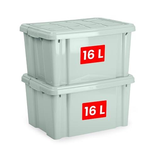 PlasticForte – Pack de Cajas de Almacenamiento con Tapa - Plástico Resistente, Apilables y Transparentes - Organizador (Verde, Pack 2, 16, Litros)