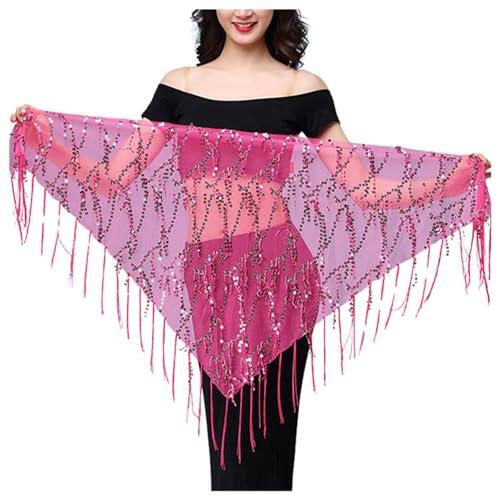 Generisch Collar para danza del vientre con lentejuelas y flecos, pañuelo triangular y envoltura de cadera para actuaciones y ejercicios, accesorios de danza, Rosa intenso., A