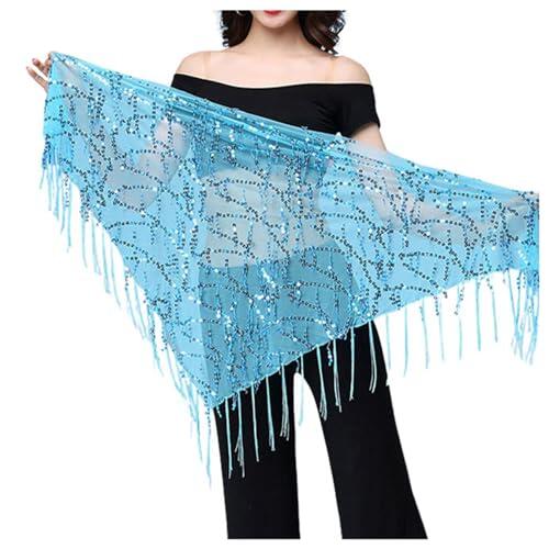 Generisch Collar para danza del vientre con lentejuelas y flecos, pañuelo triangular y envoltura de cadera para actuaciones y ejercicios, accesorios de danza, azul celeste, A