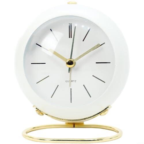 Glewi Reloj despertador silencioso de metal de cuarzo con luz nocturna LED y base redonda para escritorio de dormitorio rosa (blanco)