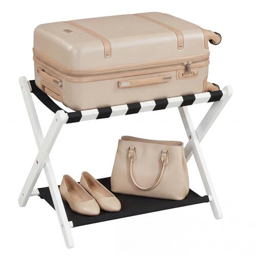 COSTWAY Portaequipajes Plegable de 2 Niveles, Soporte para Maletas de Madera de Caucho con Estantes de Nailon y Estructura en X, Reposa Maletas para Dormitorio, Habitación de Invitados, Hotel (Blanco)