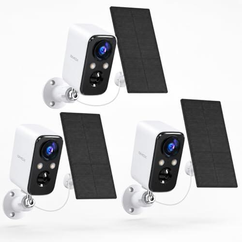 GMOX Pack de 3 Cámaras de Seguridad Solar 2K WiFi para Exterior, Visión Nocturna a Color, Detección PIR, Audio Bidireccional, Foco Integrado, IP66 Impermeable, para Hogar, Patio, Entrada y Garaje