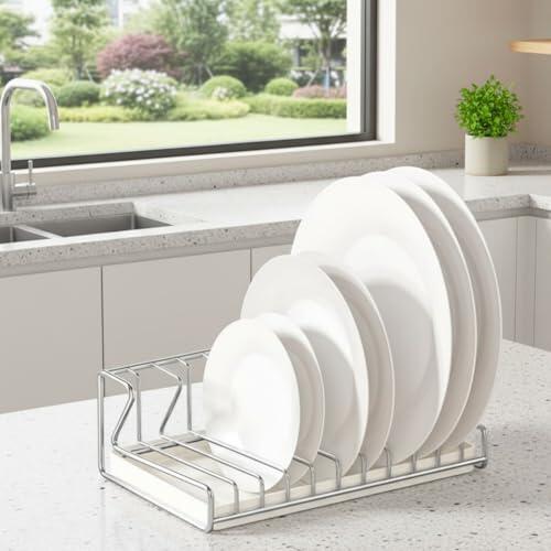 MoSundi Escurridor de platos de acero inoxidable 304 con bandeja de drenaje extraíble, organizador de encimera de cocina a prueba de óxido, diseño compacto que ahorra espacio, 27 x 185 x 10 cm, color