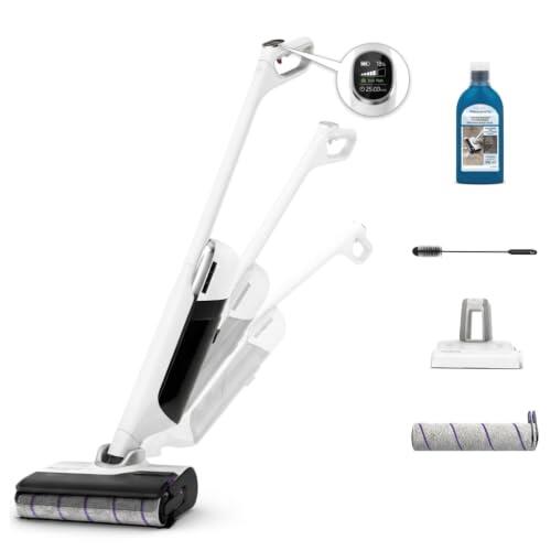 Rowenta X-Clean 12, Aspiradora Fregona Eléctrica Sin Cable, Blanco | Pantalla LCD con guía, Tecnología antienredos de Pelo Clean Cut, Ultraligera, Abatible 180 Grados, Autolimpieza, GZ7267