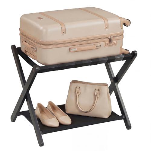 COSTWAY Portaequipajes Plegable de 2 Niveles, Soporte para Maletas de Madera de Caucho con Estantes de Nailon y Estructura en X, Reposa Maletas para Dormitorio, Habitación de Invitados, Hotel (Negro)