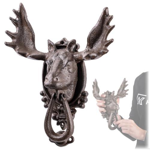 KADAX Aldaba de puerta de hierro fundido, 20 x 26 cm, aldaba decorativa con cuernos grandes y anilla pesada, decoración de puerta de estilo rústico (marrón)