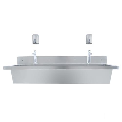 Lavamanos Colectivo Profesional 120 cm Acero Inoxidable 304 con Grifos Temporizados, Válvula Mezcladora de Temperatura y 2 Dispensadores de Jabón 500 ml