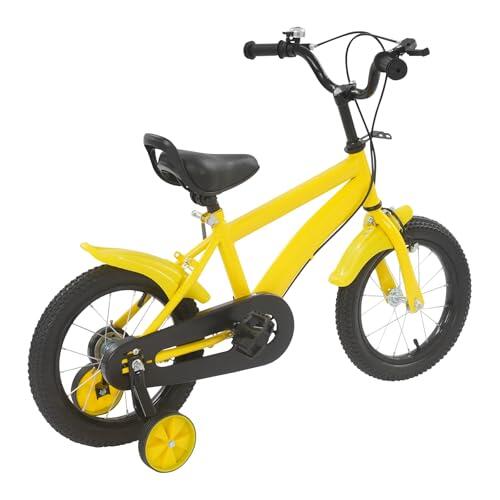 Bicicleta infantil Dekltus de 14 pulgadas con ruedas de apoyo y guardabarros, altura del asiento ajustable de 43 a 49 cm, diseño moderno en amarillo y negro, adecuada para niños y niñas de 3 a 7 años.